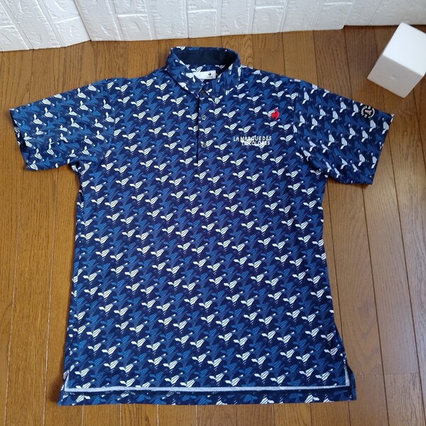 1928【中古】le coqsportif golf ルコックスポルティフゴルフ ゴルフウェア 半袖 ポロシャツ メンズ サイズ 3L 青紺白