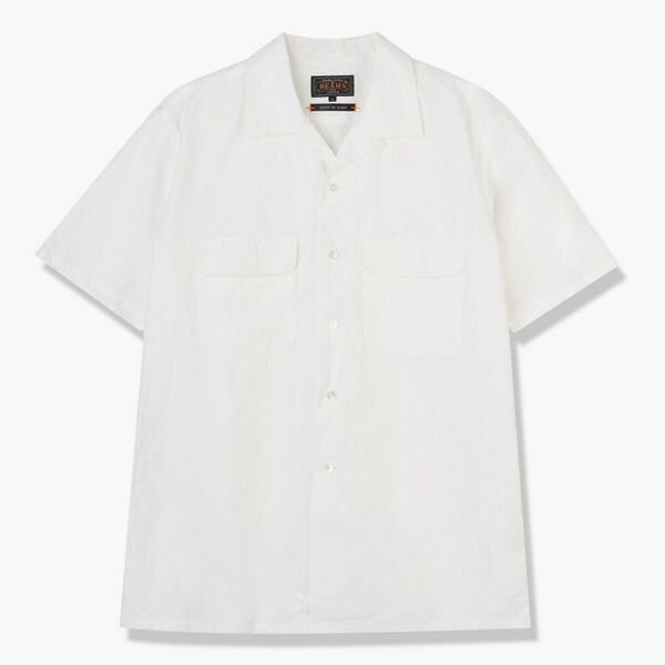 ★美品★ビームスプラスBEAMS PLUSコットンリネンショートスリーブオープンカラーシャツSホワイトWHITE/白/半袖シャツ