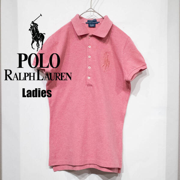 レディース S / 90s RALPH LAUREN ラルフローレン EXCLUSIVE OF DECORATION 半袖 ポロシャツ 鹿の子 ビッグポニー スキニー ピンク 古着