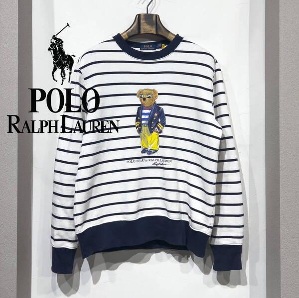M / POLO RALPH LAUREN ラルフローレン ポロベア ホワイト ネイビ ボーダー 長袖 スウェット クルーネック カットソー コットン ポリ 古着