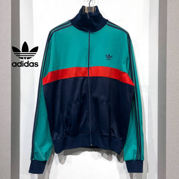 192(XL位) / 70s VINTAGE Adidas アディダス トラックジャケット ジャージ フランス製 VENTEX社 グリーン ネイビー レッド 古着 美品