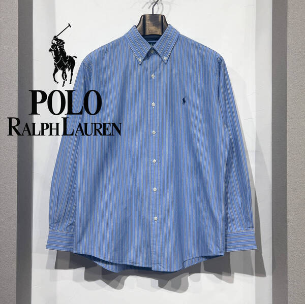 L / 90s 00s POLO RALPH LAUREN ラルフローレン カスタムフィット TWO PLY コットン ストライプ 長袖シャツ ブルー ホワイト グレー 古着