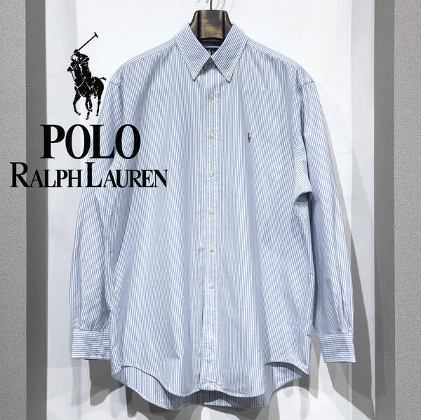 16.5(XL位) / 90s POLO by RALPH LAUREN ラルフローレン YARMOUTH 長袖 コットンシャツ オックスフォード ストライプ 古着 白 グレー