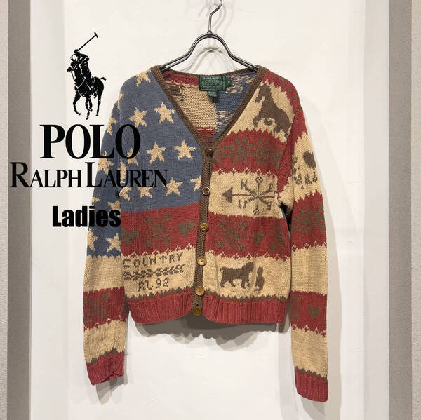 レディース M / 90s POLO RALPH LAUREN COUNTRY ポロカントリー コットン リネン ハンドニット カーディガン RL92 1992 星条旗 赤 茶 古着