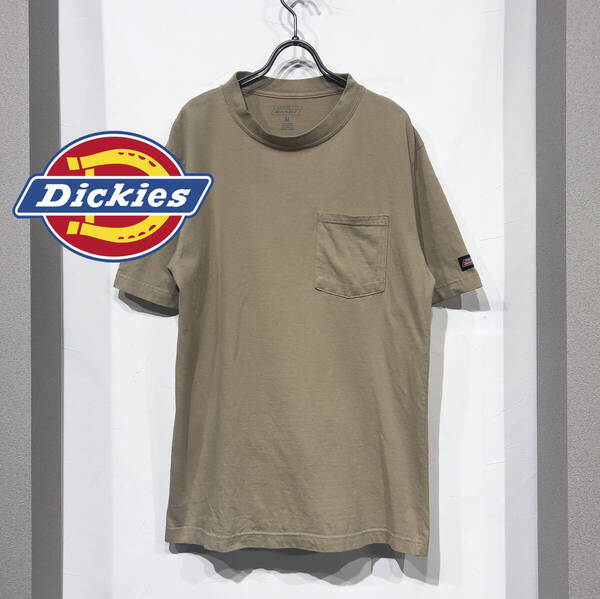 M / DICKIES ディッキーズ 丸首 半袖 モックネック コットン ポケット Tシャツ カーキ ブラウン 古着