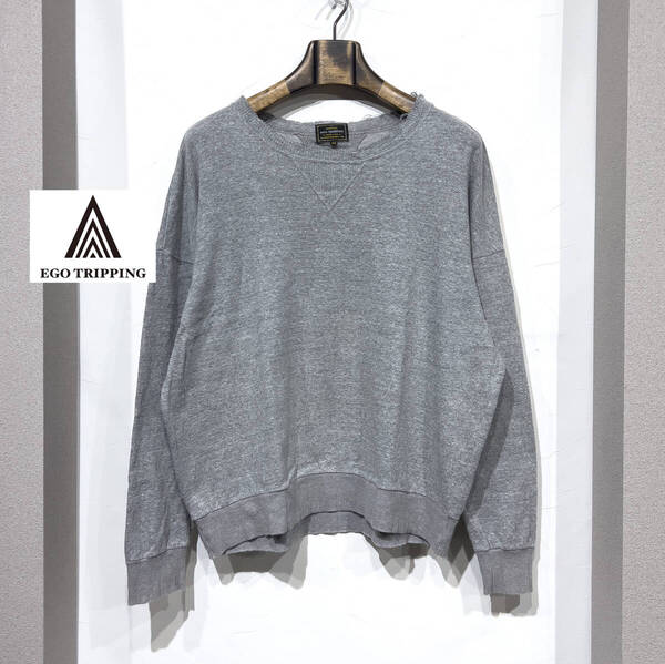 48(L位) / EGO TRIPPING エゴトリッピング 丸首 コットン ニット カットソー ダメージ グランジ グレー ドロップショルダー 古着