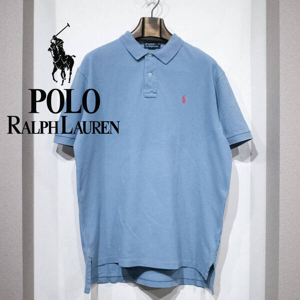 L / 90s POLO by RALPH LAUREN EXCLUSIVE OF DECORATION ラルフローレン 半袖 メッシュ ポロシャツ 鹿の子 グレーブルー ペールカラー 古着