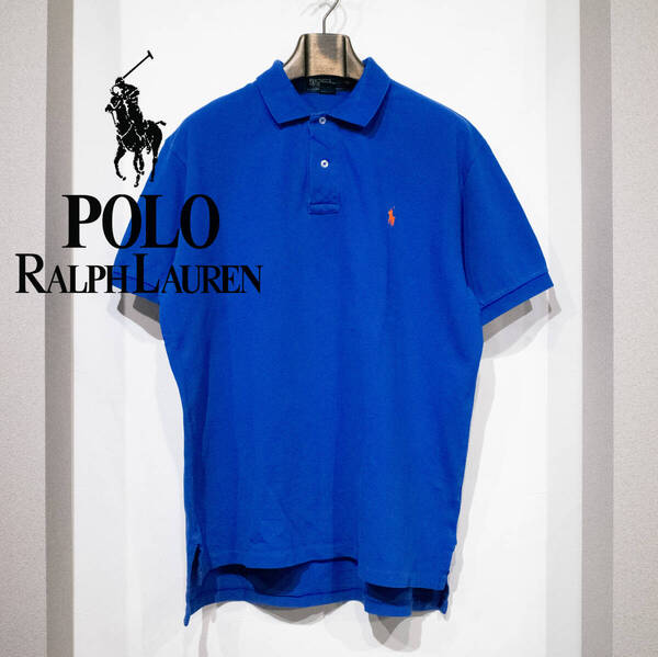 L / 90s POLO by RALPH LAUREN EXCLUSIVE OF DECORATION ラルフローレン 半袖 メッシュ ポロシャツ鹿の子 ブルー 刺繍ロゴ 古着 プレッピー