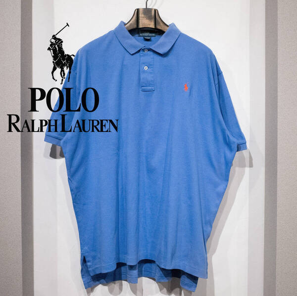 XL / 90s POLO by RALPH LAUREN ラルフローレン EXCLUSIVE OF DECORATION 半袖 ポロシャツ ライトブルー オレンジポニー 刺繍 古着