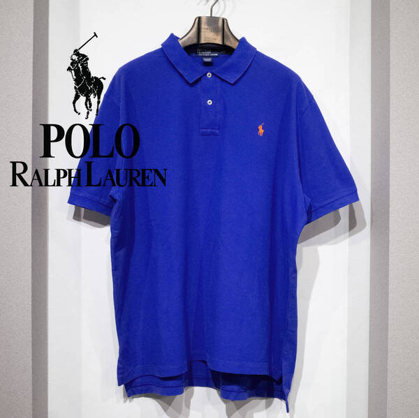 XXL / 90s POLO by RALPH LAUREN ラルフローレン EXCLUSIVE OF DECORATION 半袖 鹿の子 ポロシャツ ブルー オレンジポニー 刺繍 US古着