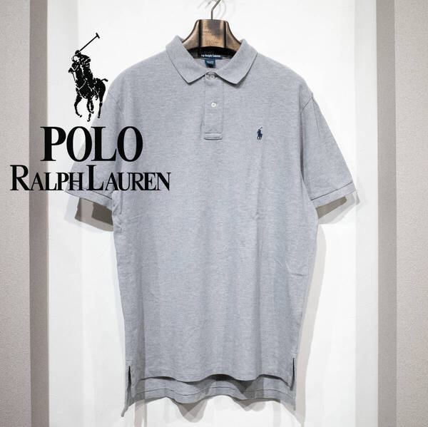L / 90s POLO by RALPH LAUREN ラルフローレン EXCLUSIVE OF DECORATION 半袖 鹿の子 ポロシャツ グレー ネイビーポニー 刺繍 古着 メンズ