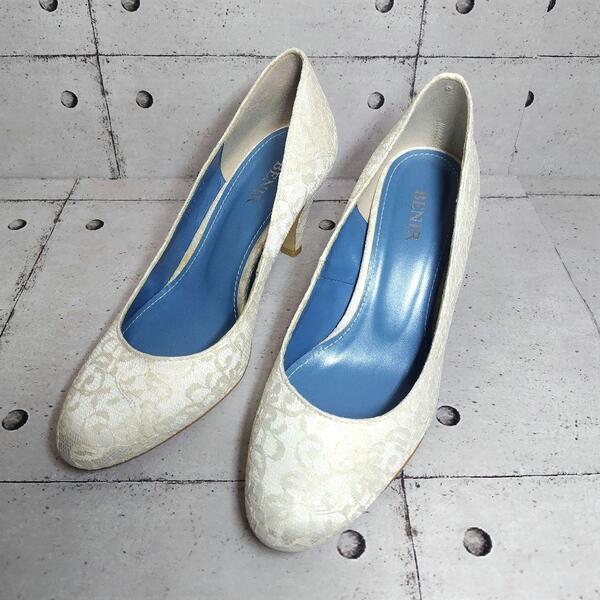 BENIR ベニル レディース パンプス 23.5㎝ ウェディングシューズ 37 ヒール7.5㎝ 白 レース 結婚式 フォーマル ホワイト