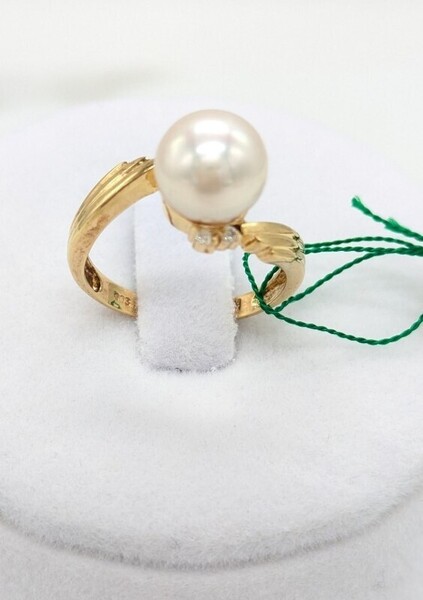 あこや本真珠 K18 パールリング 8.2mm 8号 ダイヤモンド 結婚式 入学式 卒業式 アンティーク 田中真珠