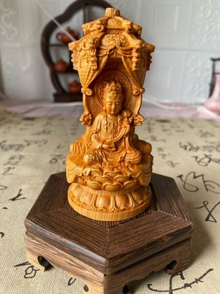 送料無料 花台付 激安 仏像 置物 天然 崖柏木 木彫り仏像 西方三聖【観音菩薩 阿弥陀如来 勢至菩薩】彫刻仏像 仏壇仏像 祈る 厄除け