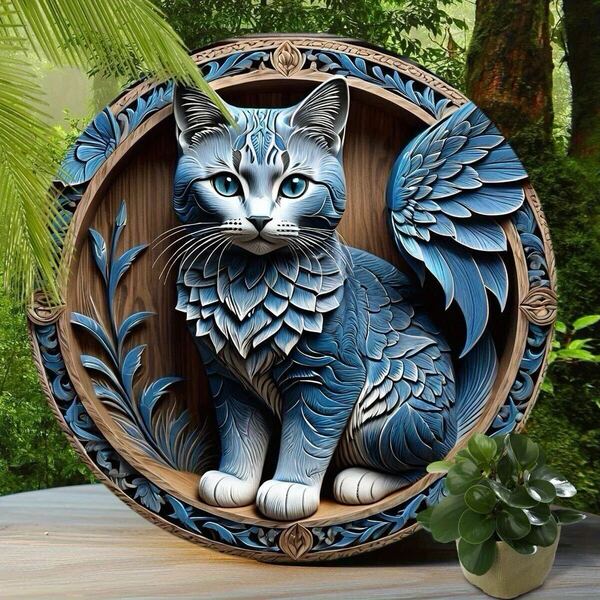 猫 壁飾り ねこ メタルウォールアート 猫雑貨 ネコ インテリア 置き物 可愛い 青い猫 翼