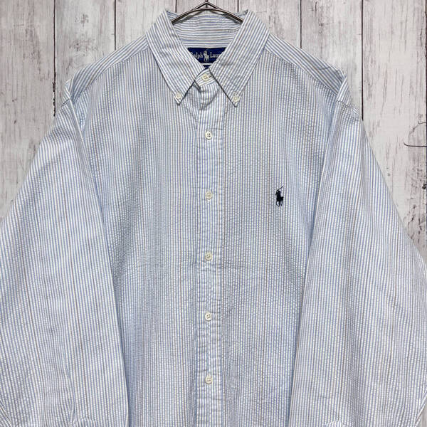 ラルフローレン Ralph Lauren ストライプシャツ サッカー生地 長袖シャツ メンズ ワンポイント コットン100% Lサイズ 3‐894