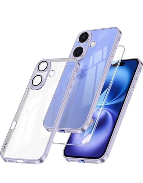 iPhone 16 用ケース クリア 【カメラレンズ保護付き/フィルム付き】アイフォン16カバー16 スマホケース 透明 TPU 薄型 紫