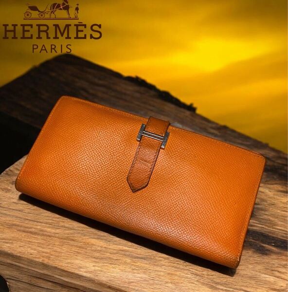 エルメス HERMES ベアンスフレ オレンジ ヴォーエプソン 長財布