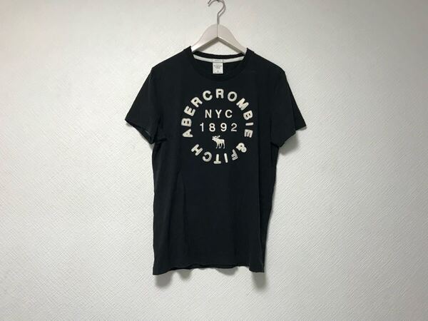 本物アバクロアンドフィッチAbercrombie&Fitchコットンフェルトワッペン刺繍半袖Tシャツメンズサーフアメカジミリタリーワーク黒ブラックS