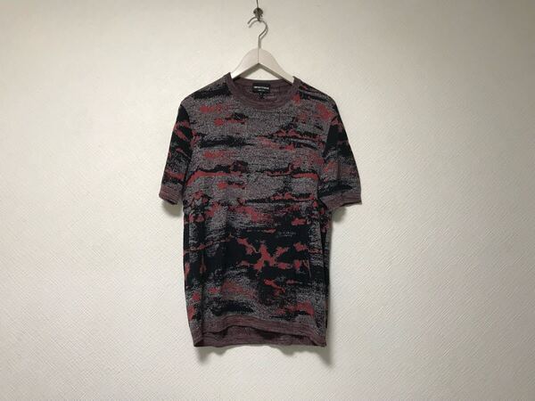 本物エンポリオアルマーニEMPORIOARMANIコットンモダール柄ニット半袖Tシャツメンズモードゴルフドレス黒ブラック赤レッドMイタリア製