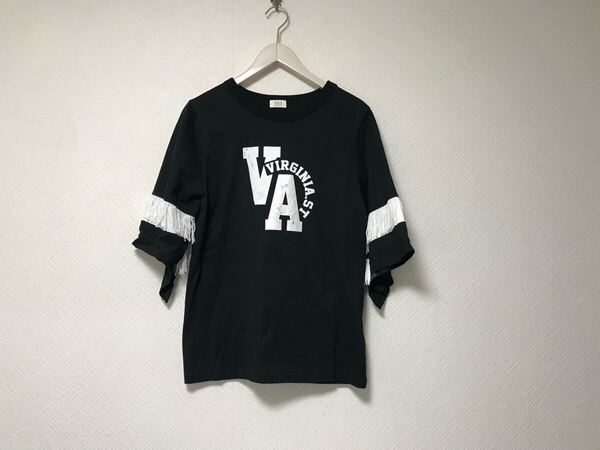 美品本物ユーエスユーギャラリーUSUGALLERYコットンロプリント半袖Tシャツレディースビジネススーツモードゴルフ黒ブラック2M日本製