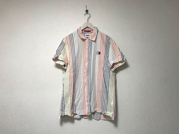 本物トミージーンズTOMMYJEANSストライプ柄コットン麻リネン半袖シャツメンズサーフアメカジミリタリービジネススーツゴルフ白ホワイトL
