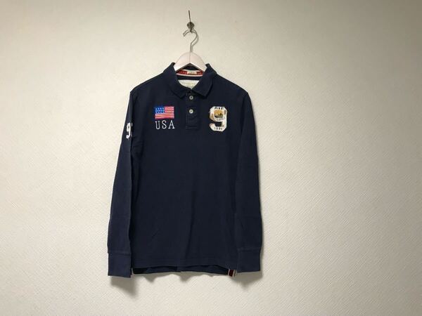本物アバクロアンドフィッチAbercrombie&Fitchコットンアメリカ国旗ワッペン長袖ポロシャツメンズビジネススーツモード紺ネイビーMマカオ製