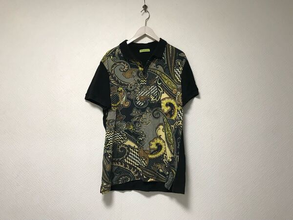 本物ヴェルサーチジーンズVERSACE JEANSコットンプリント半袖ポロシャツメンズサーフアメカジミリタリー黒ブラック3XLトルコ製