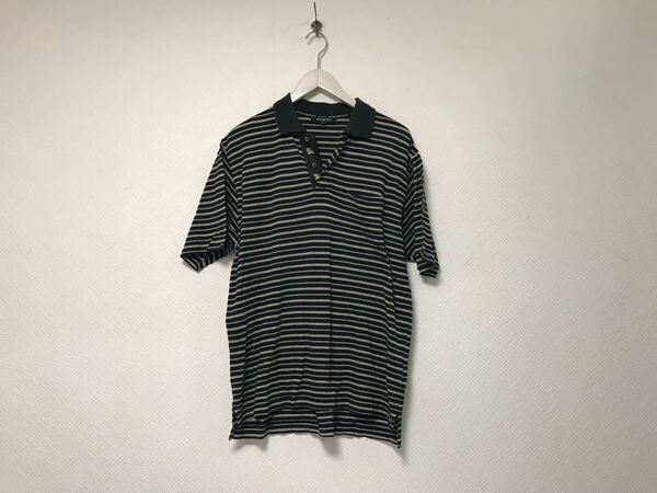 本物バーバリーゴルフBURBERRY GOLFコットンボーダー柄半袖ポロシャツメンズサーフアメカジビジネススーツドレスバイカー黒ブラックL日本製