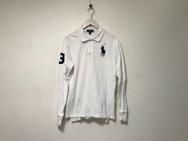 本物ポロラルフローレンPOLO RALPHLAURENコットンビッグポニーロゴ刺繍長袖ポロシャツメンズサーフアメカジミリタリーゴルフ白ホワイトL