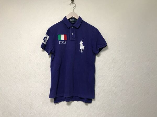 本物ポロラルフローレンPOLO RALPHLAURENコットンイタリアビッグポニーロゴ刺繍半袖ポロシャツメンズサーフアメカジゴルフ青ブルーS
