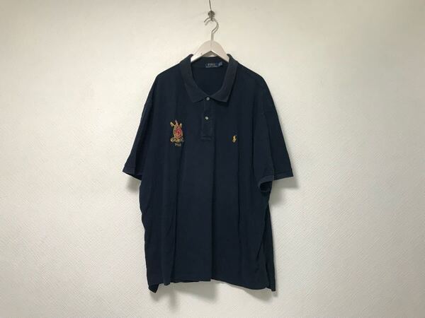 本物ポロラルフローレンPOLO RALPHLAURENコットンロゴ刺繍デカビッグ半袖ポロシャツメンズサーフアメカジミリタリーゴルフ黒ブラック4XL