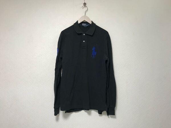 本物ポロラルフローレンPOLO RALPHLAURENコットンビッグポニーロゴ刺繍長袖ポロシャツメンズサーフアメカジワークゴルフ黒ブラックL