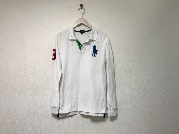 本物ポロラルフローレンPOLO RALPHLAURENコットンビッグポニーロゴ刺繍長袖ポロシャツメンズサーフアメカジミリタリーゴルフ白ホワイトL