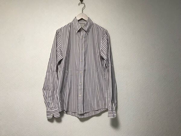 本物マイケルタピアMICHAELTAPIAコットンストライプ柄長袖シャツメンズワークビジネススーツゴルフ青ブルー白ホワイト38/15Sフランス製