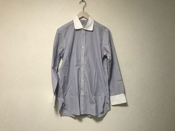 美品本物ヒトヨシHitoyoshi人吉コットンクレリックドレスストライプ柄長袖シャツメンズビジネススーツ青ブルー白ホワイト40/84日本製L