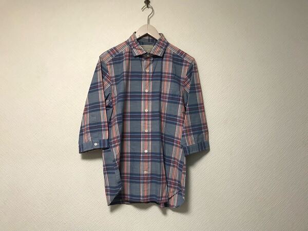 本物ユナイテッドアローズUNITEDARROWSコットンチェック柄7分丈長袖シャツメンズサーフアメカジビジネススーツモードドレスゴルフ青ブルーL