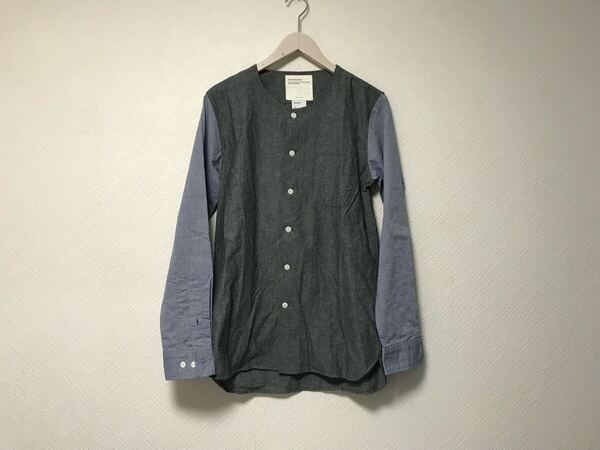 本物アンサムワンANSOMEONEコットンノーカラー長袖シャツメンズサーフアメカジミリタリーワークモードドレスゴルフグレーブルー青2M