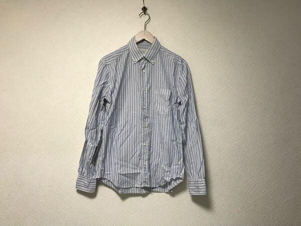 本物マニュアルアルファベットMANUALALPHABETドレスコットンストライプ柄長袖シャツメンズワークビジネスゴルフ白ホワイト青ブルー2M日本製