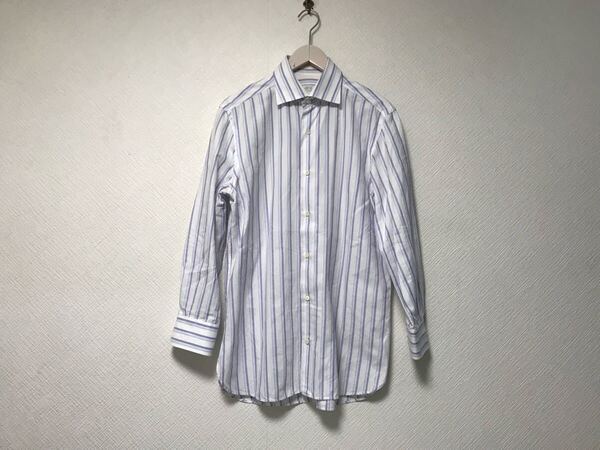 本物ギローバーGUYROVERシップスSHIPSコットンストライプ柄ドレス長袖シャツメンズビジネススーツモードゴルフ白青Lイタリア製40 15 3/4