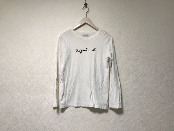 本物アニエスベーagnesb.コットンロゴプリント長袖ロンTシャツレディースビジネススーツモードゴルフドレスバイカー白ホワイト日本製1S