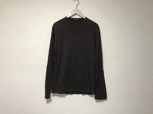 本物トゥモローランドTOMORROWLANDコットンニットVネック長袖ロンTシャツメンズビジネススーツモードゴルフドレスバイカー茶ブラウンL