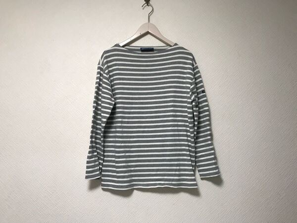 本物セントジェームスSAINTJAMESコットンボーダー柄バスク長袖ロンTシャツメンズサーフアメカジゴルフ38Mグレー白ホワイトフランス製