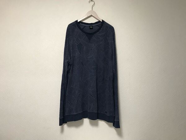 本物ヒューゴボスHUGOBOSSコットン薄手スウェット柄長袖ロンTシャツメンズサーフアメカジワークビジネスXXXL紺ネイビー3XLポルトガル製
