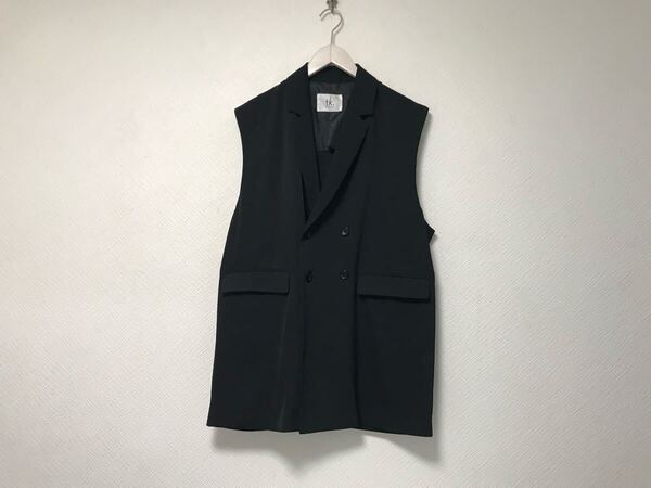 本物タケオキクチtkTAKEOKIKUCHIダブルテーラードロング丈ベストジレコートメンズワークビジネススーツモードゴルフドレス黒ブラックM