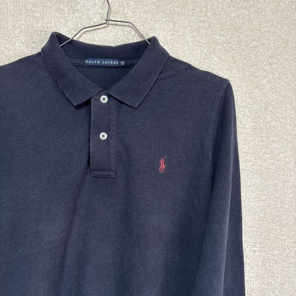 90s RALPH LAUREN ラルフローレン 長袖 ポロシャツ ネイビー 7f レディースMサイズ相当