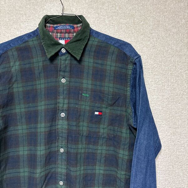 90s TOMMY HILFIGER トミーヒルフィガー デニム チェックシャツ 長袖シャツ メンズLサイズ