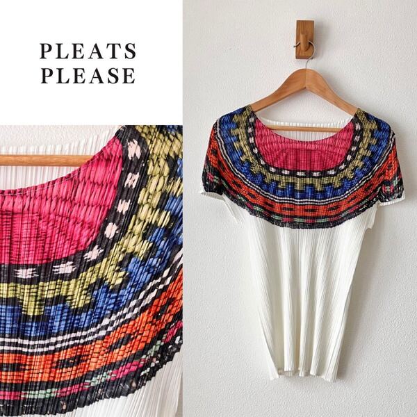 プリーツプリーズ マルチカラー トップス 個性的 総柄 チュニックプルオーバー イッセイミヤケ PLEATS PLEASE 半袖 カットソー