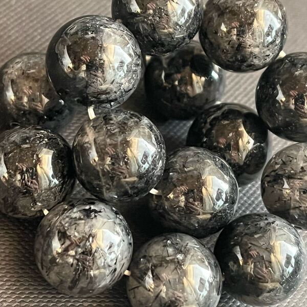 ◆新品◆大粒!トルマリネィテッドルチルクォーツブレスレット◆約15-15.5㎜◆約77g◆内周約18.5㎝◆ブラジル産◆針水晶 天然石 電気石