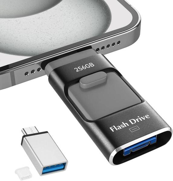 USBメモリ 256GB 【アプリ不要・アルバムから写真保存】4in1 iPhone対応 USBメモリー スマホ データ保存 ブラック 【管理番号:A120】